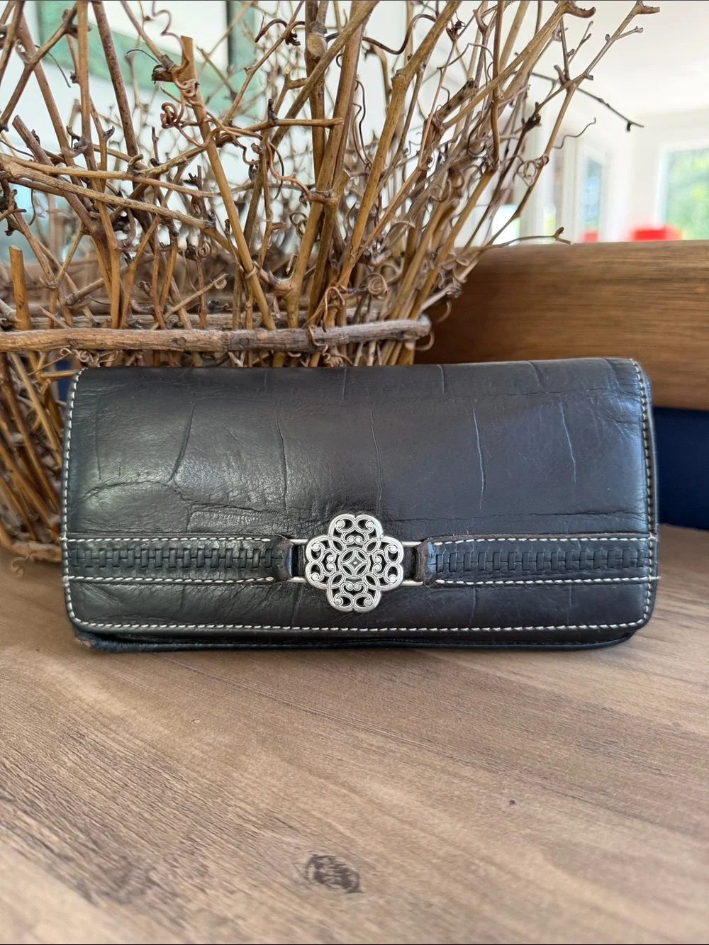Brighton Brown Leather Wallet with Silver Floral Medallion